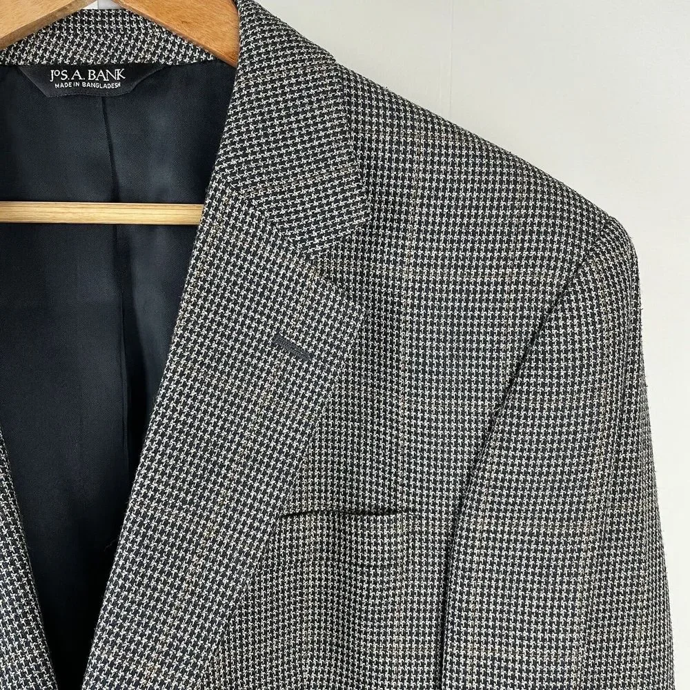 Jos. A. Bank Navy Cream Houndstooth‎ Blazer Jacket Sport Coat Silk Wool Mens 44R